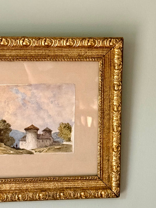 19th Century Watercolor Chateau Painting