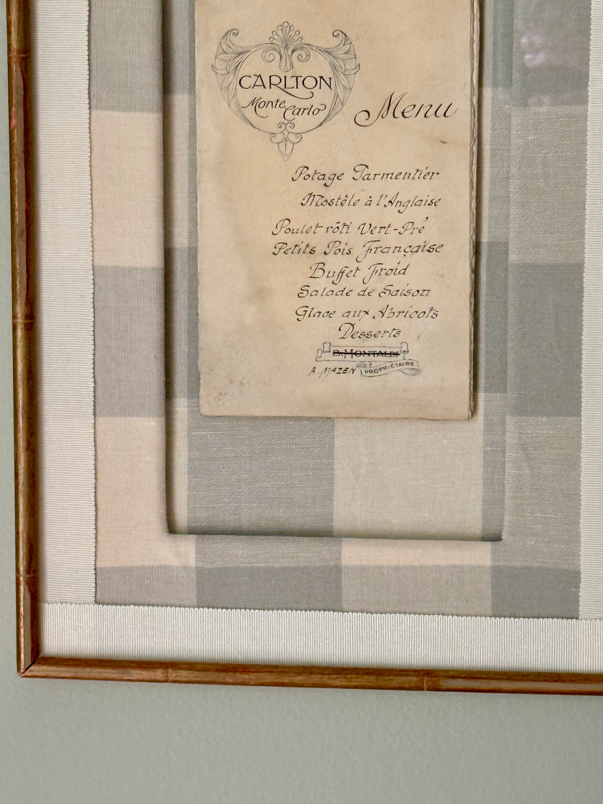 Antique Hotel Framed Menu