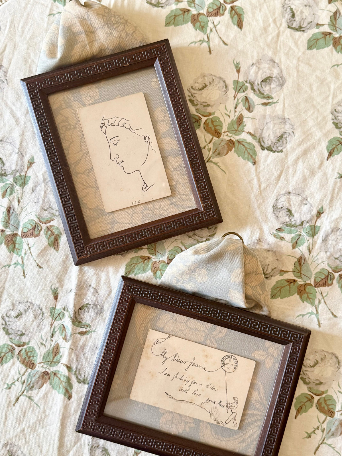 Antique Framed Hand Drawn Postcards