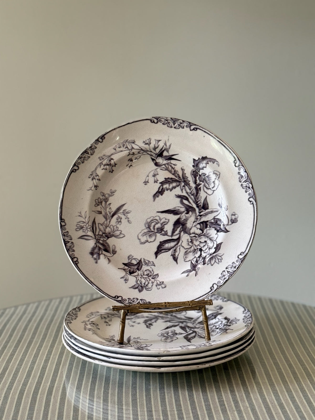Set of 5 Antique Eastern Birds Transferware Plates