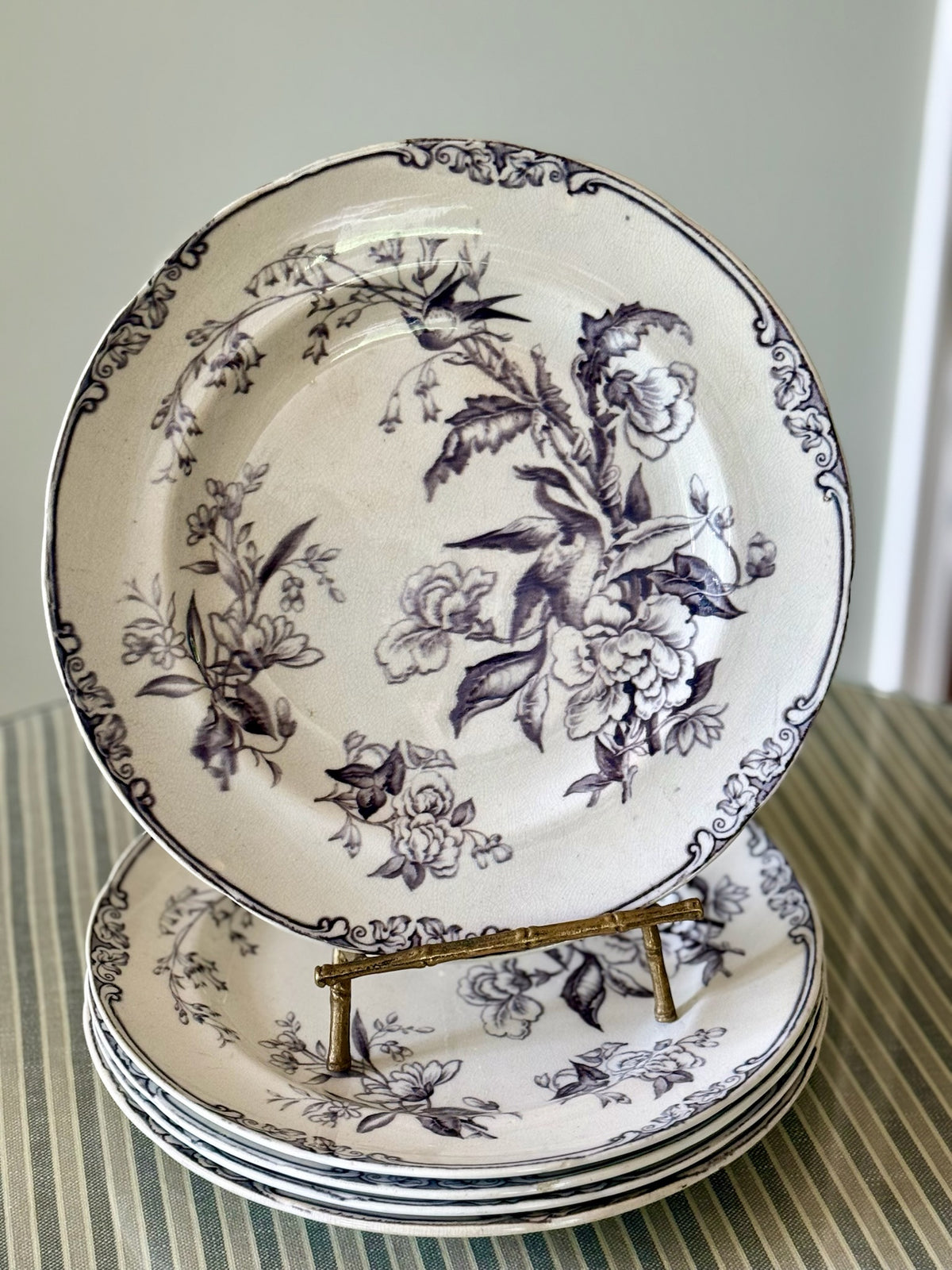 Set of 5 Antique Eastern Birds Transferware Plates