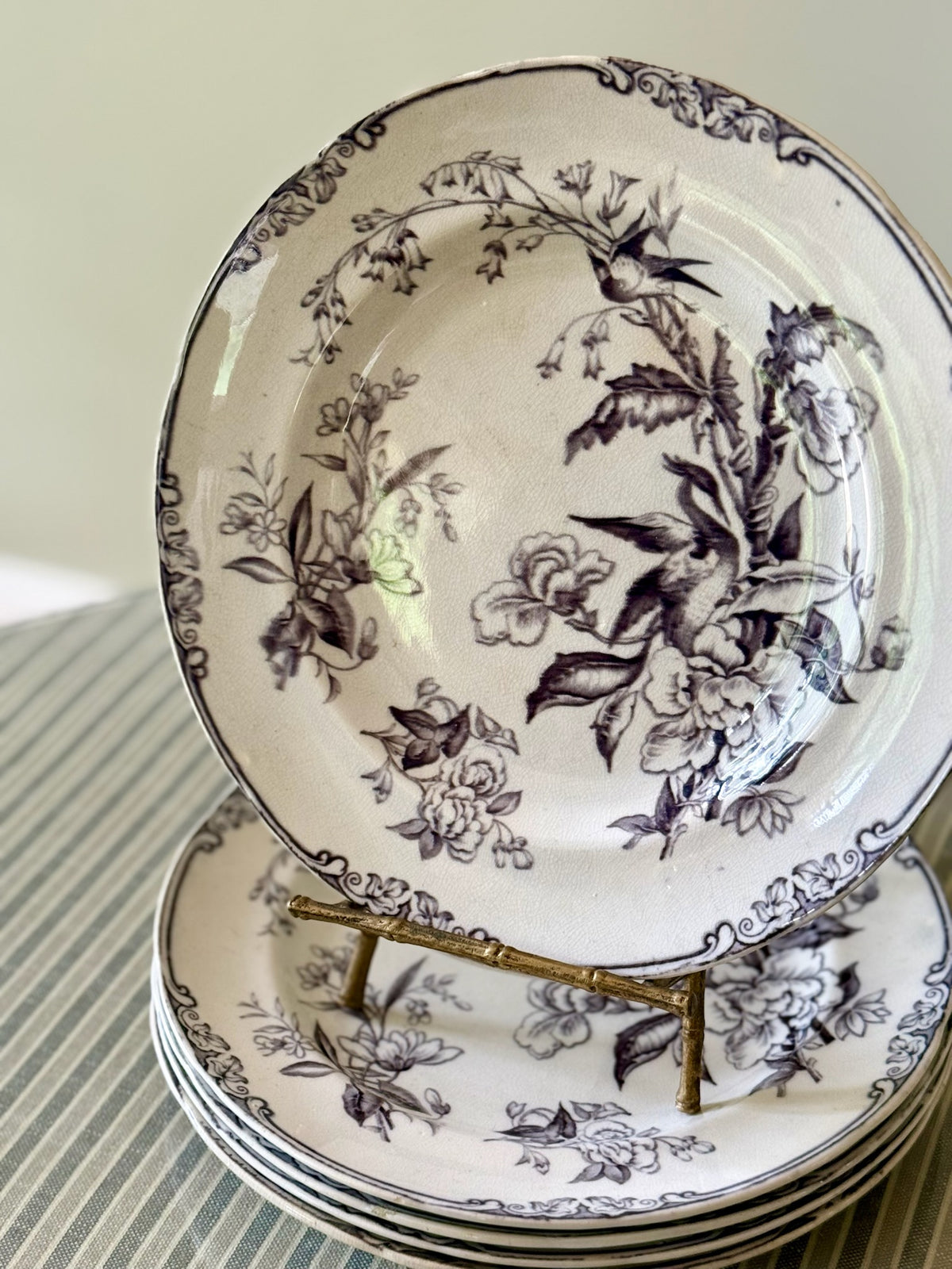 Set of 5 Antique Eastern Birds Transferware Plates
